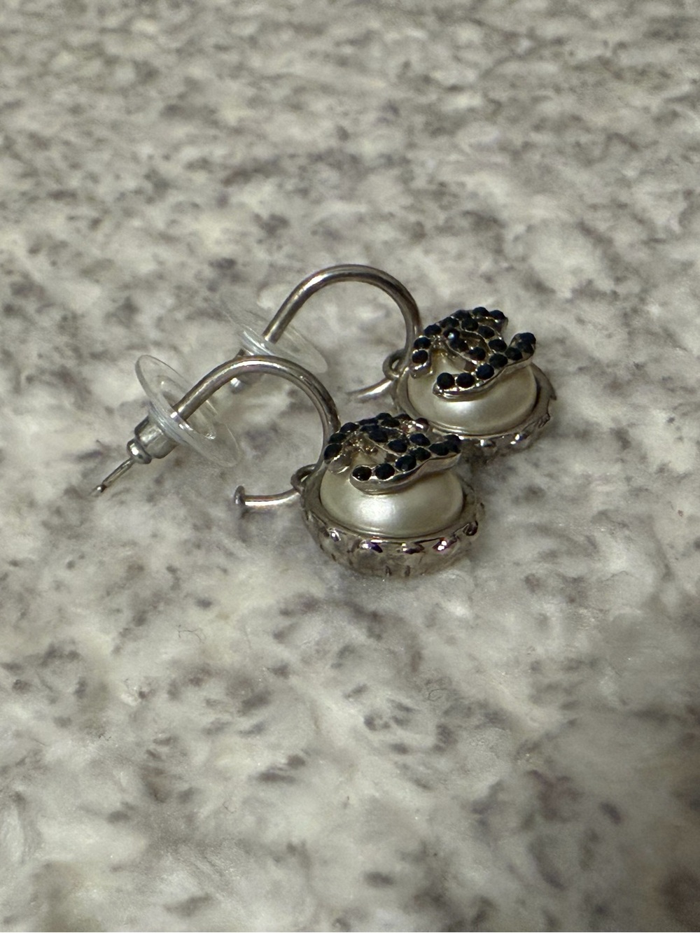 Chanel CC Faux Pearl & Black Crystal Drop Hoop Earrings - Picture 2 of 8